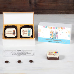 Open chocolate gift box with personalized birthday message inside