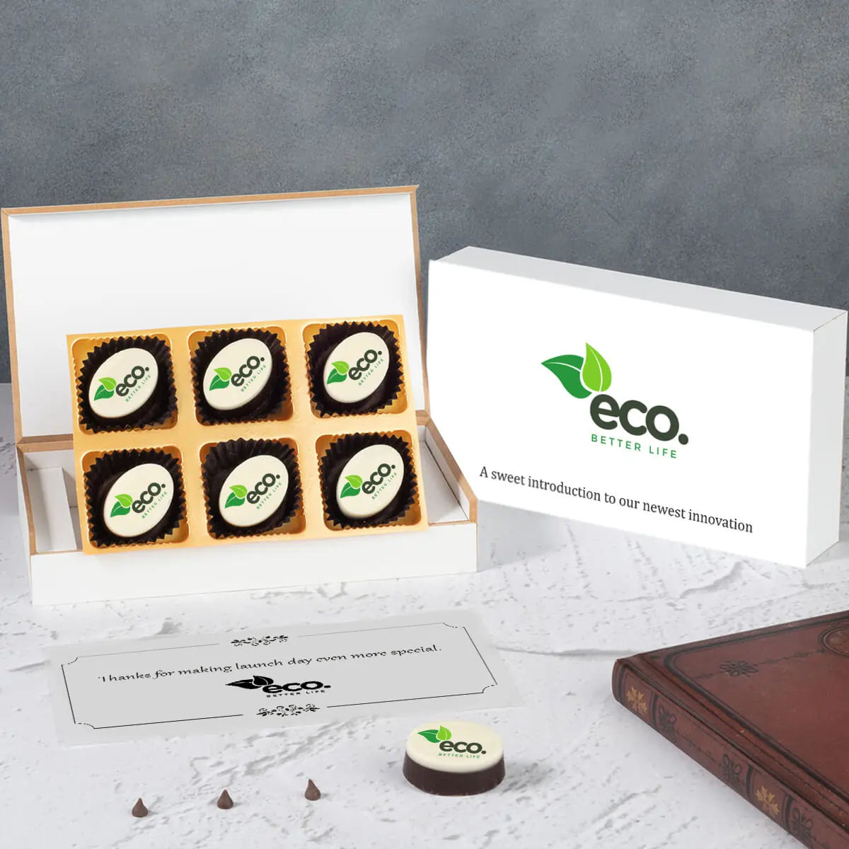 Closed branded wooden box for new product launch chocolate gift