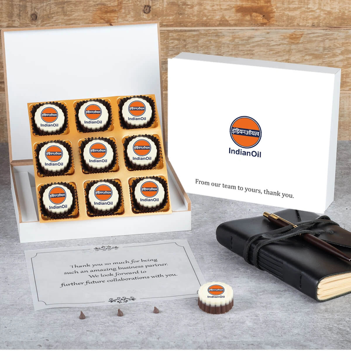 Luxury 9‑piece gift set with printed logo chocolates and gratitude message