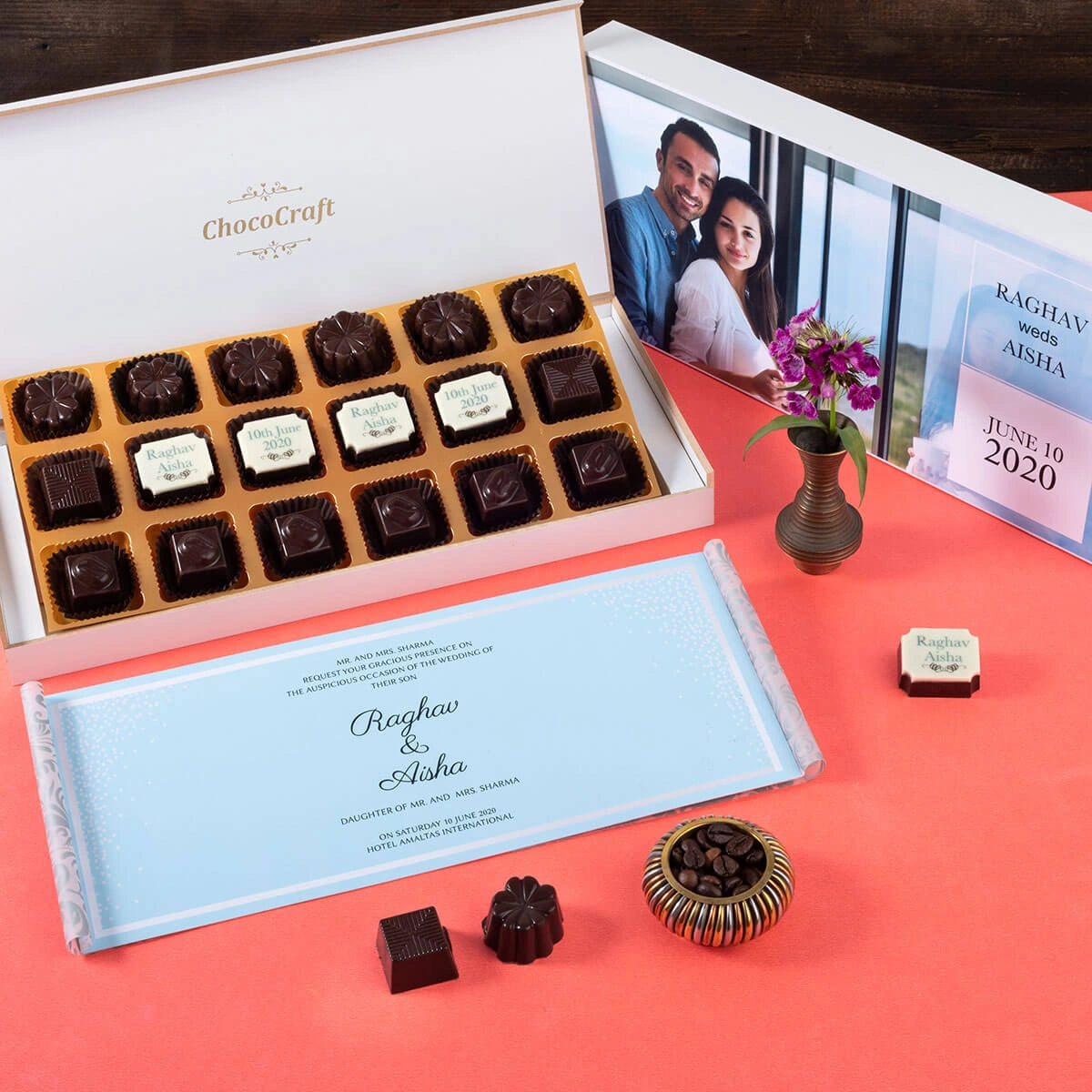Luxury chocolate wedding card with middle printed chocolates – front angle view