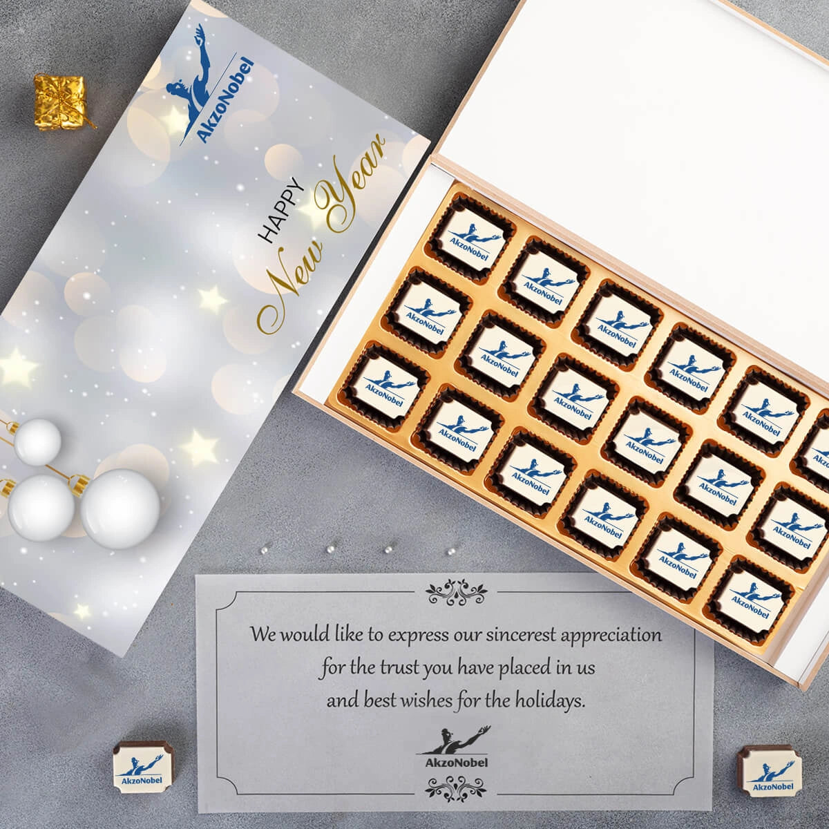 Close-up of branded chocolates showcasing exquisite luxury corporate Christmas gifts detail