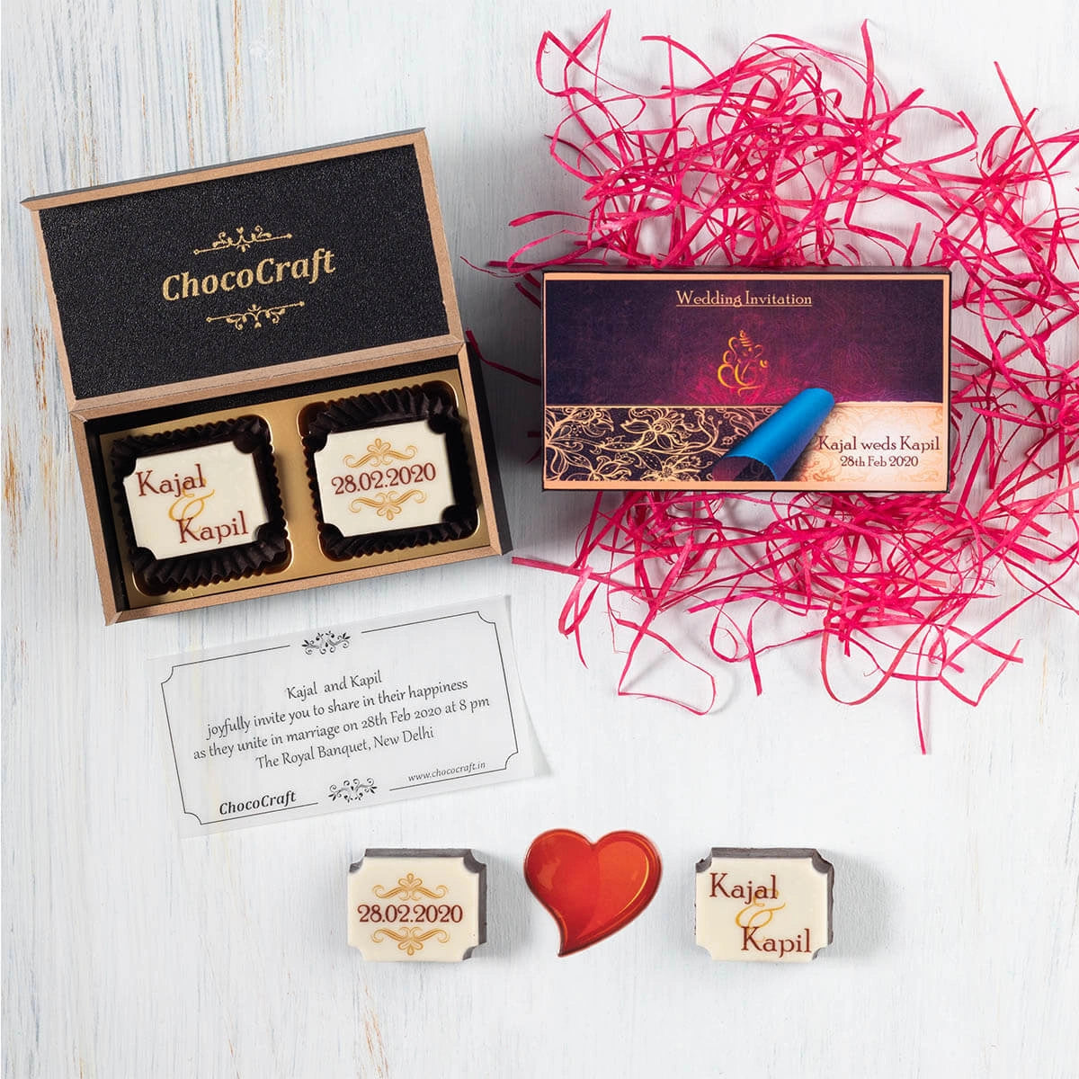 Indian wedding invitation box with message and couple photo