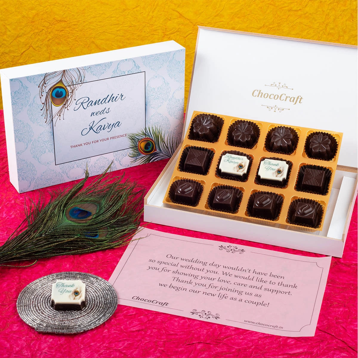 Middle printed chocolates in elegant wedding favor box – India