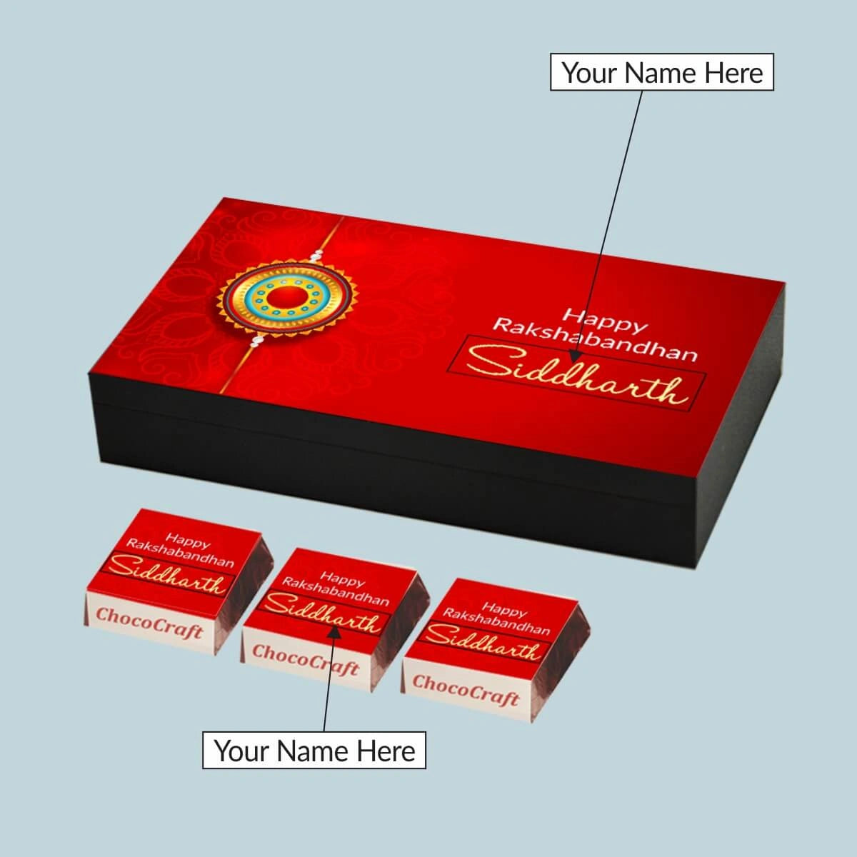 Name-wrapped piece inside rakhi box for brother