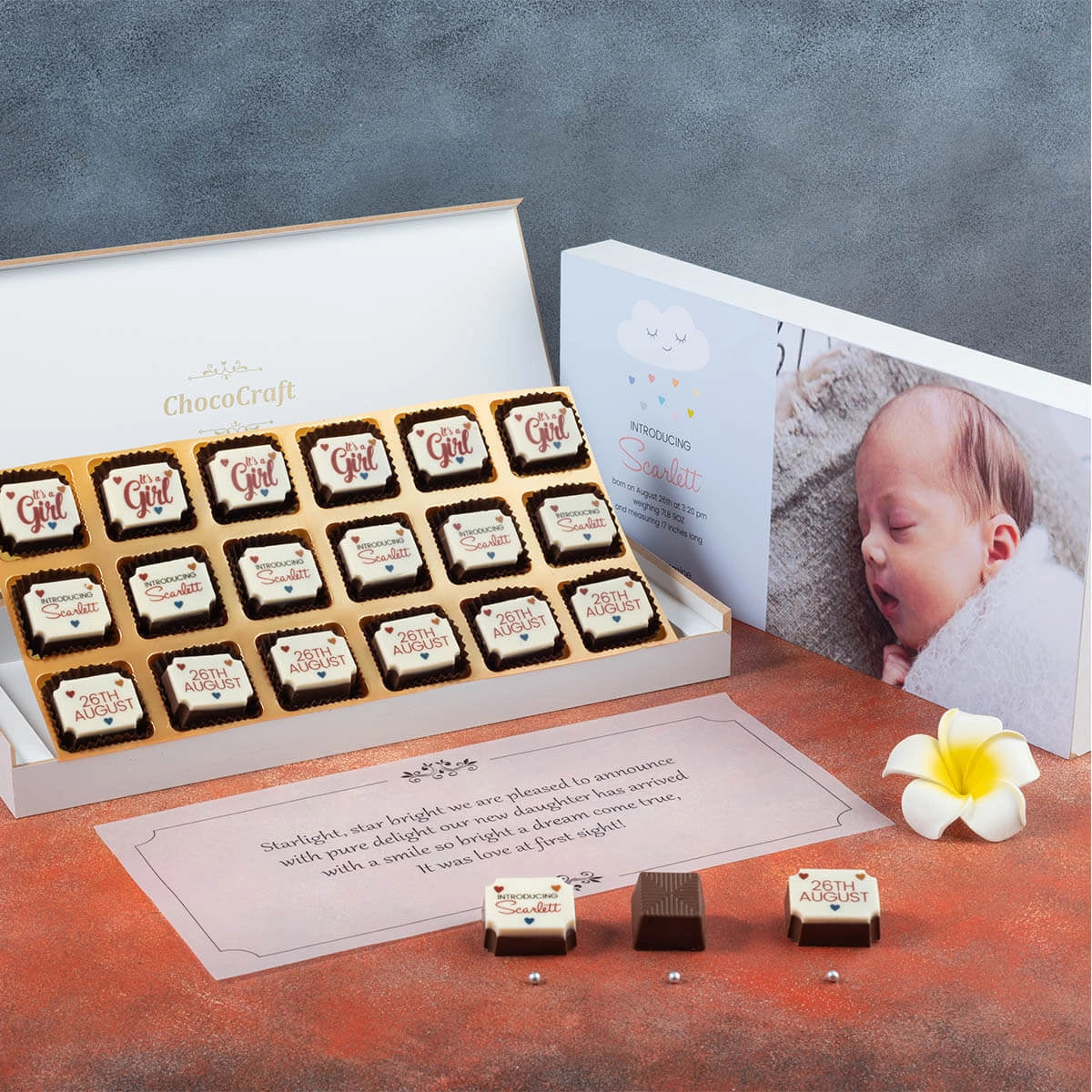 Open layout of 18 printed chocolates – premium newborn announcement gift