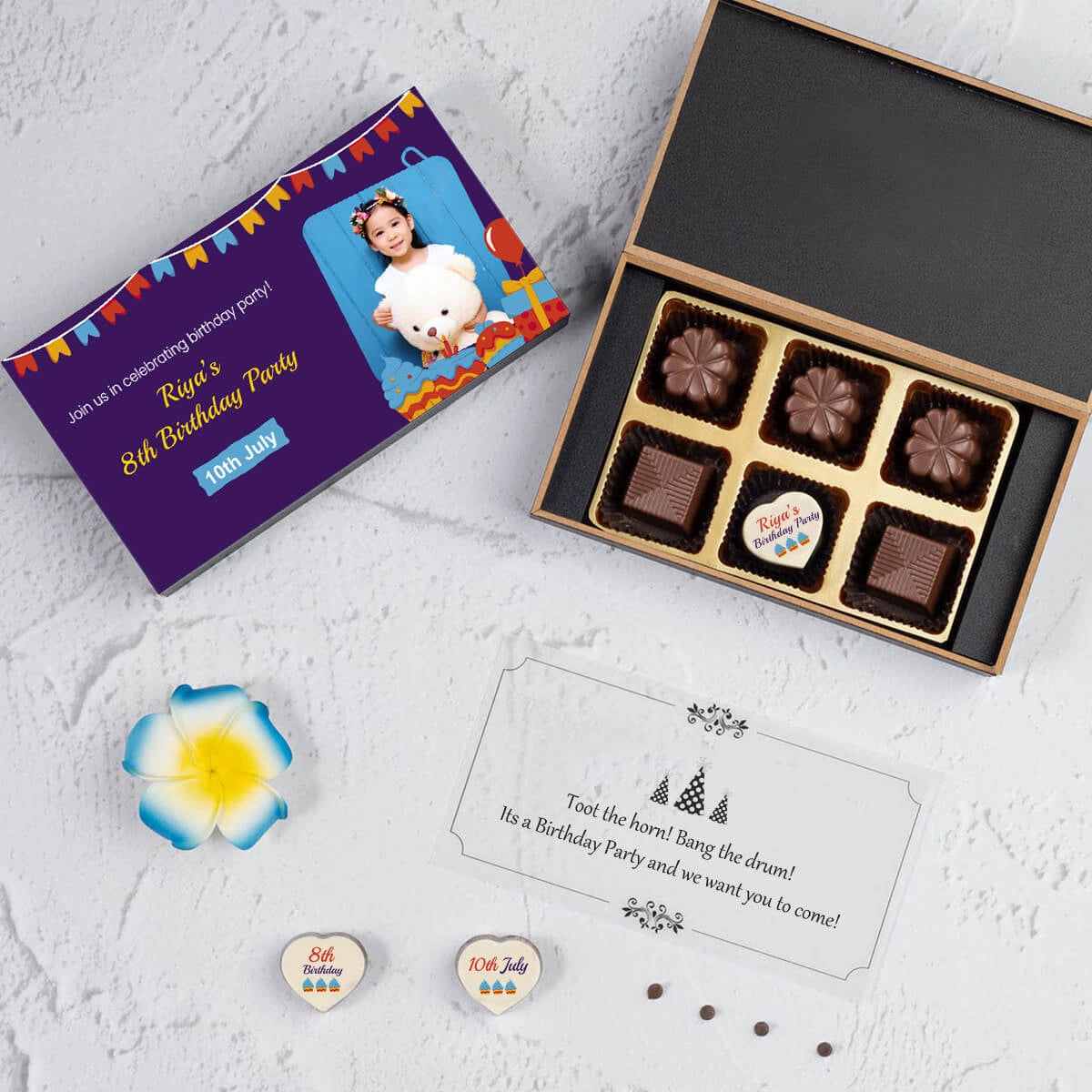 Custom chocolate box used for online birthday invitation orders