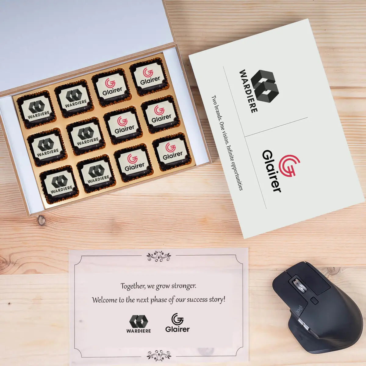 Open branded chocolate gift box showing logo chocolates inside