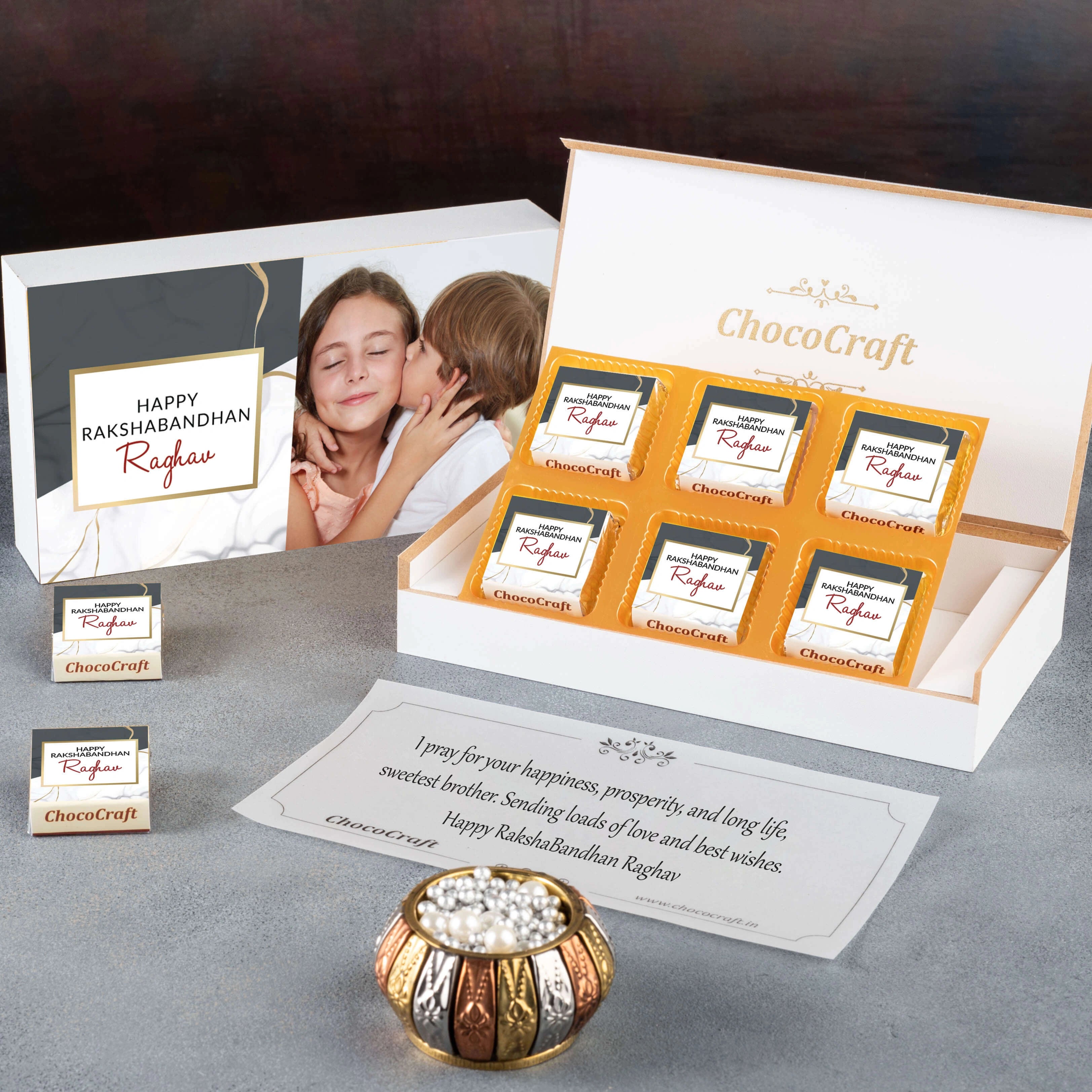 Open view of customised Rakhi for brother set