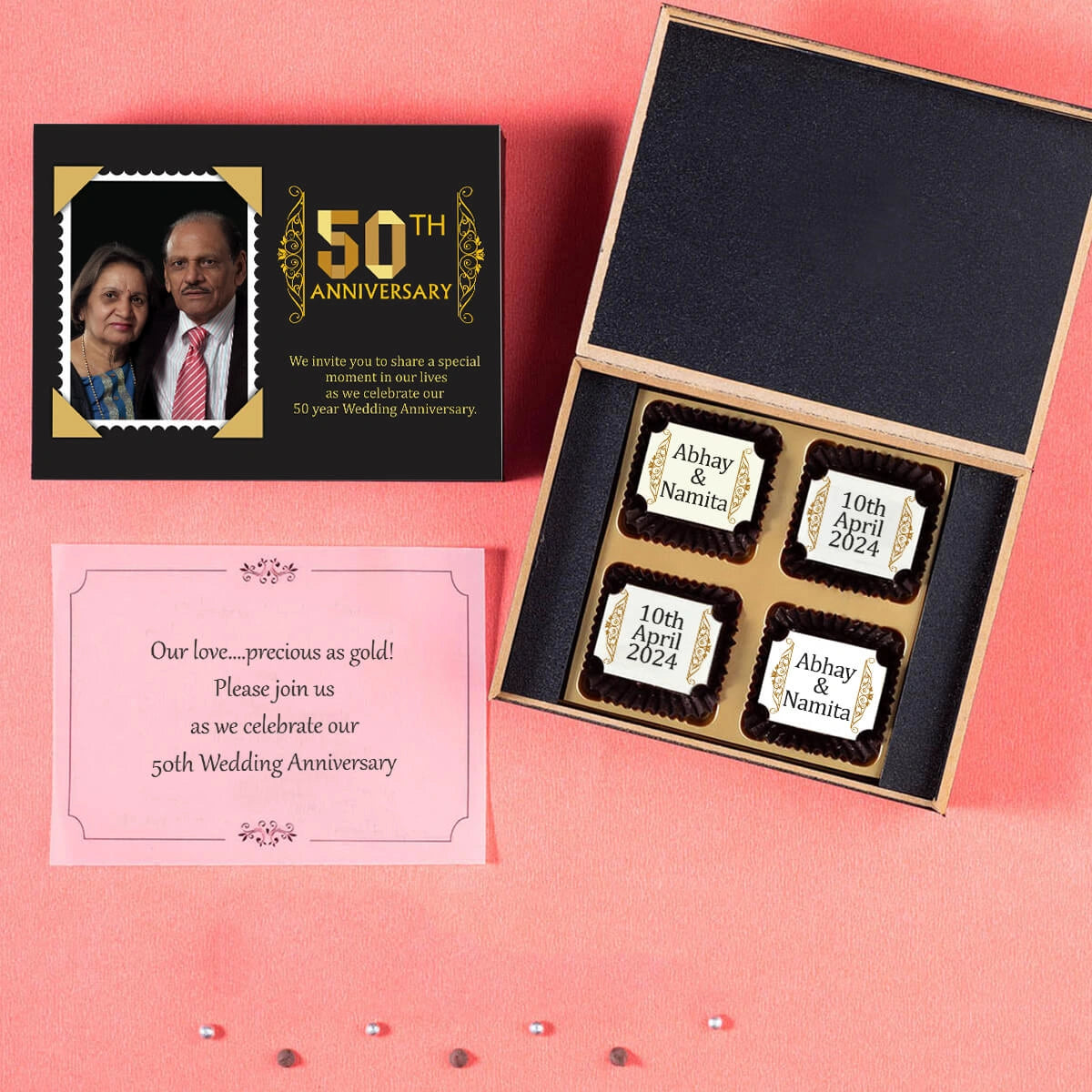 Box for personalised anniversary invitations chocolates