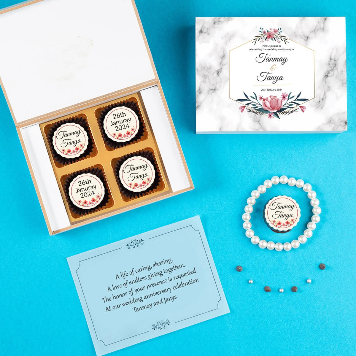 Personalised anniversary invitations featuring wrappers