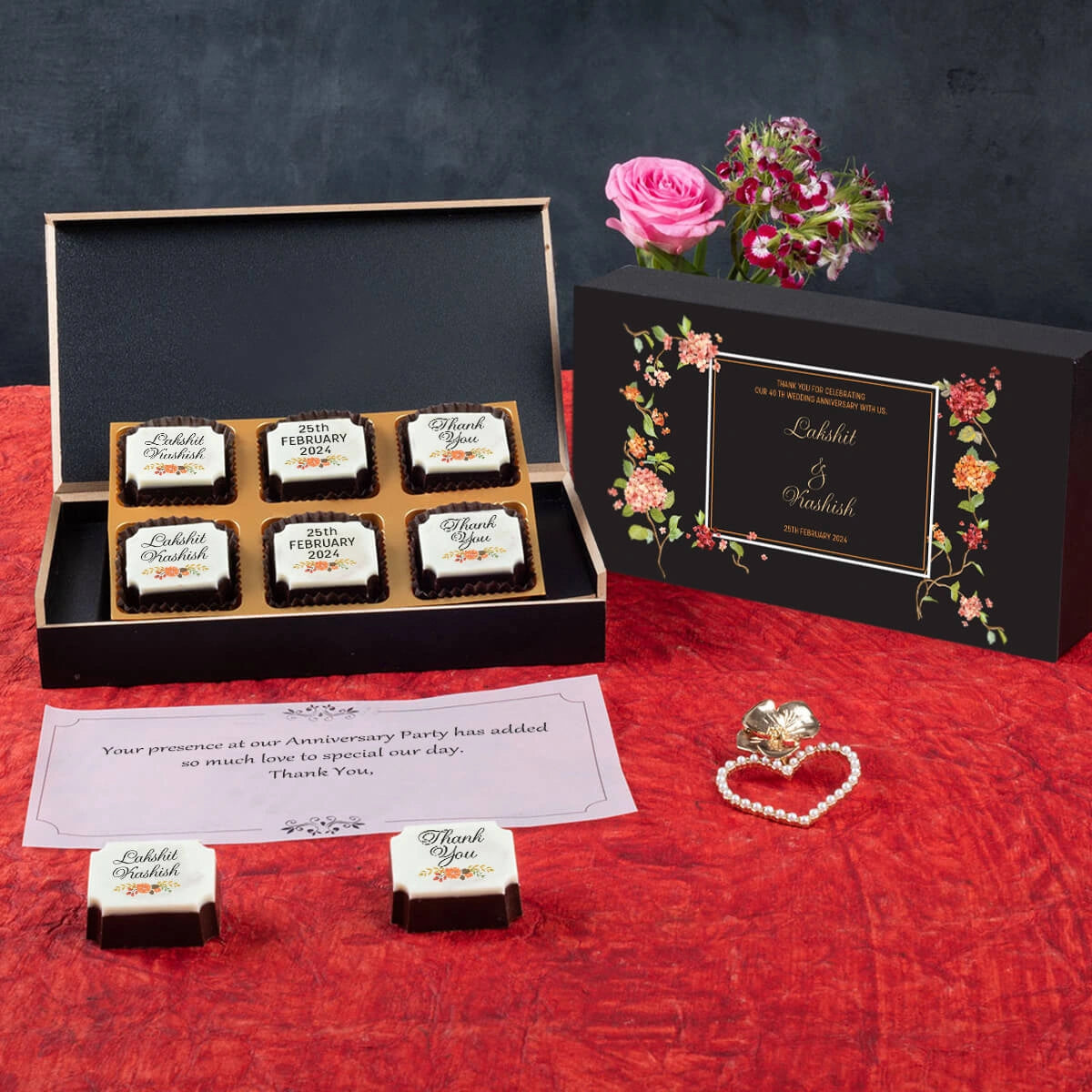 Personalized printed chocolates as return gift for marriage anniversary