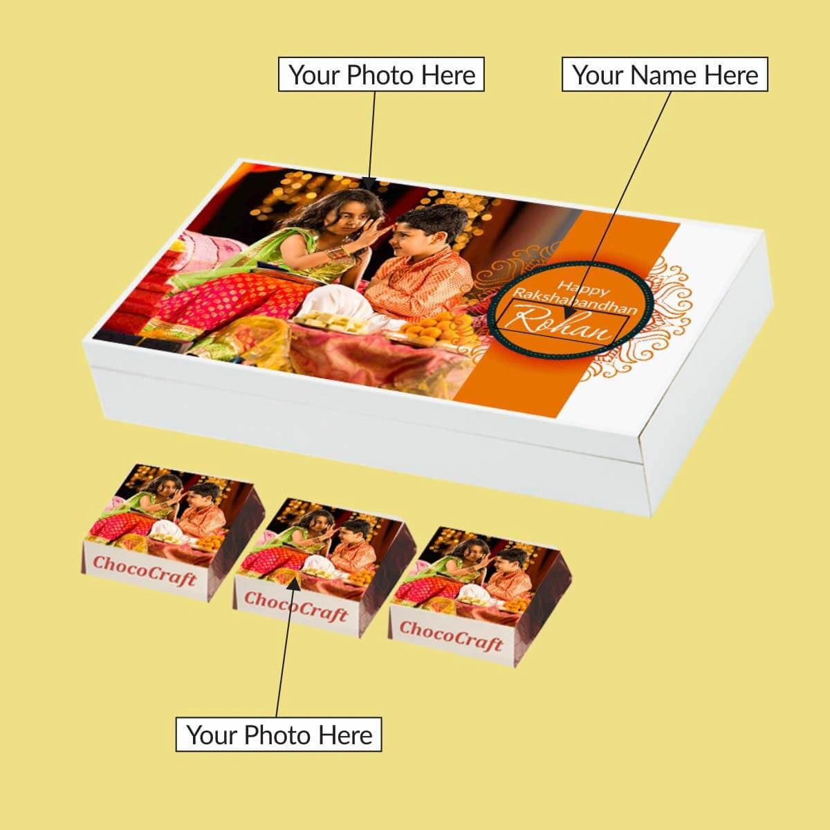 Open box displaying custom rakhi chocolates