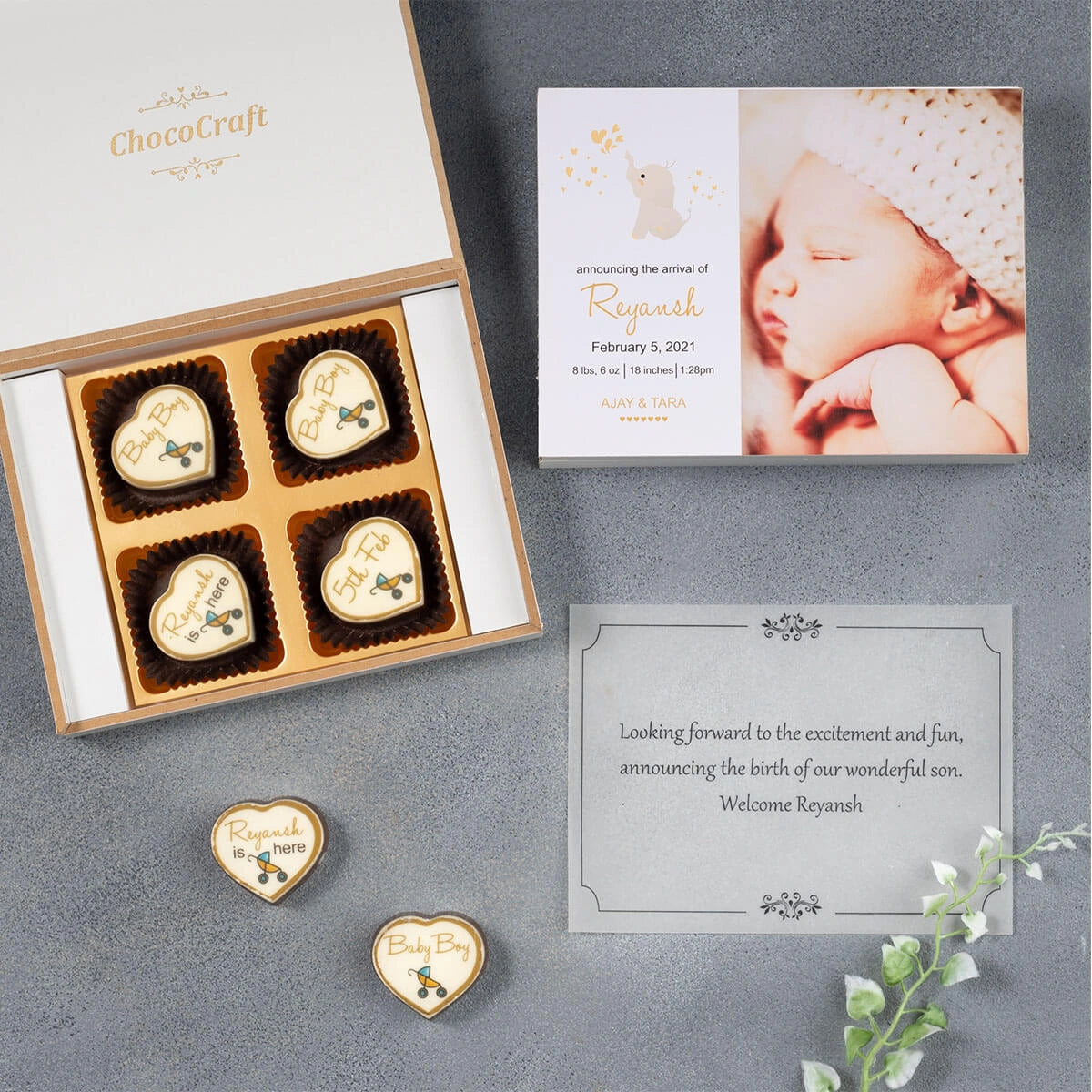 Baby boy themed chocolate box – personalized baby birth announcement