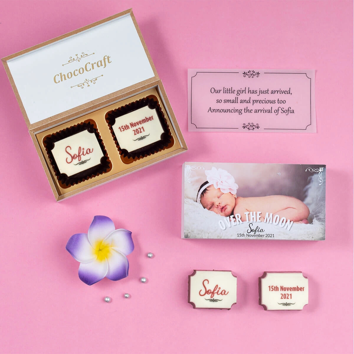 Close-up of printed chocolates – customized for baby birth announcement