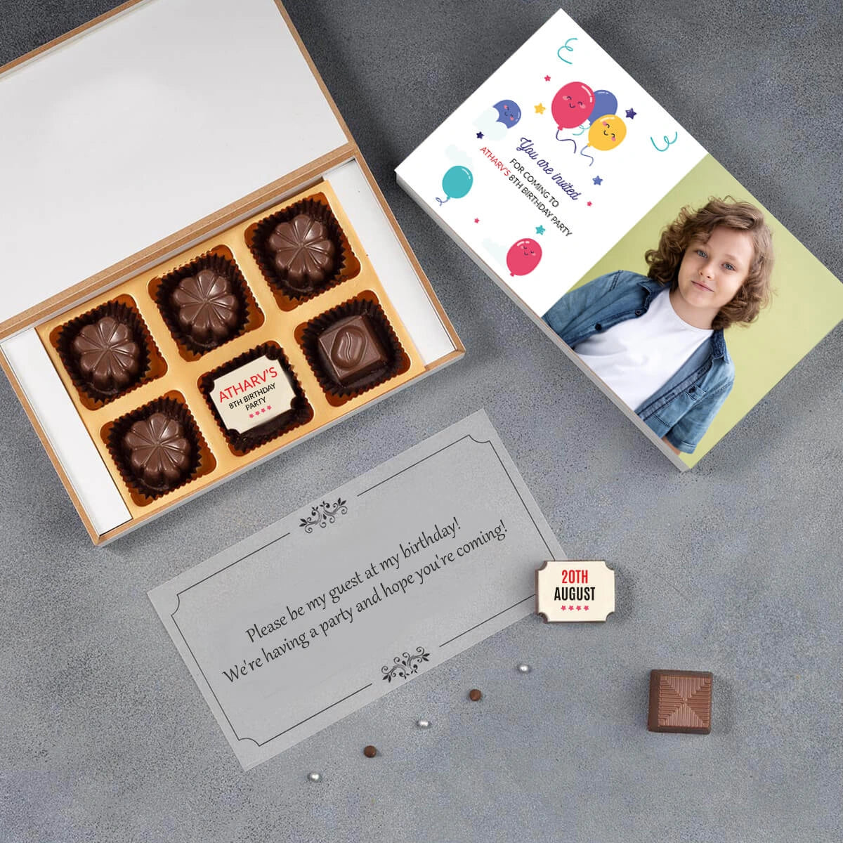 Personalized chocolate gift box for ordering birthday invitations online