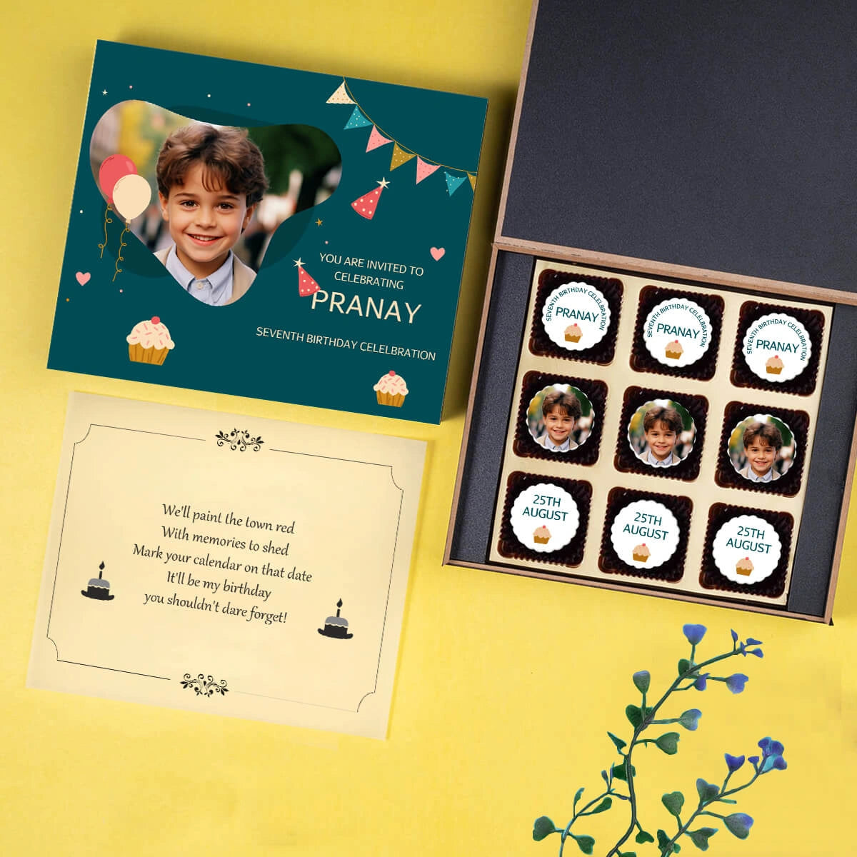 Chocolates with personalized birthday party invitations in a luxury wooden box