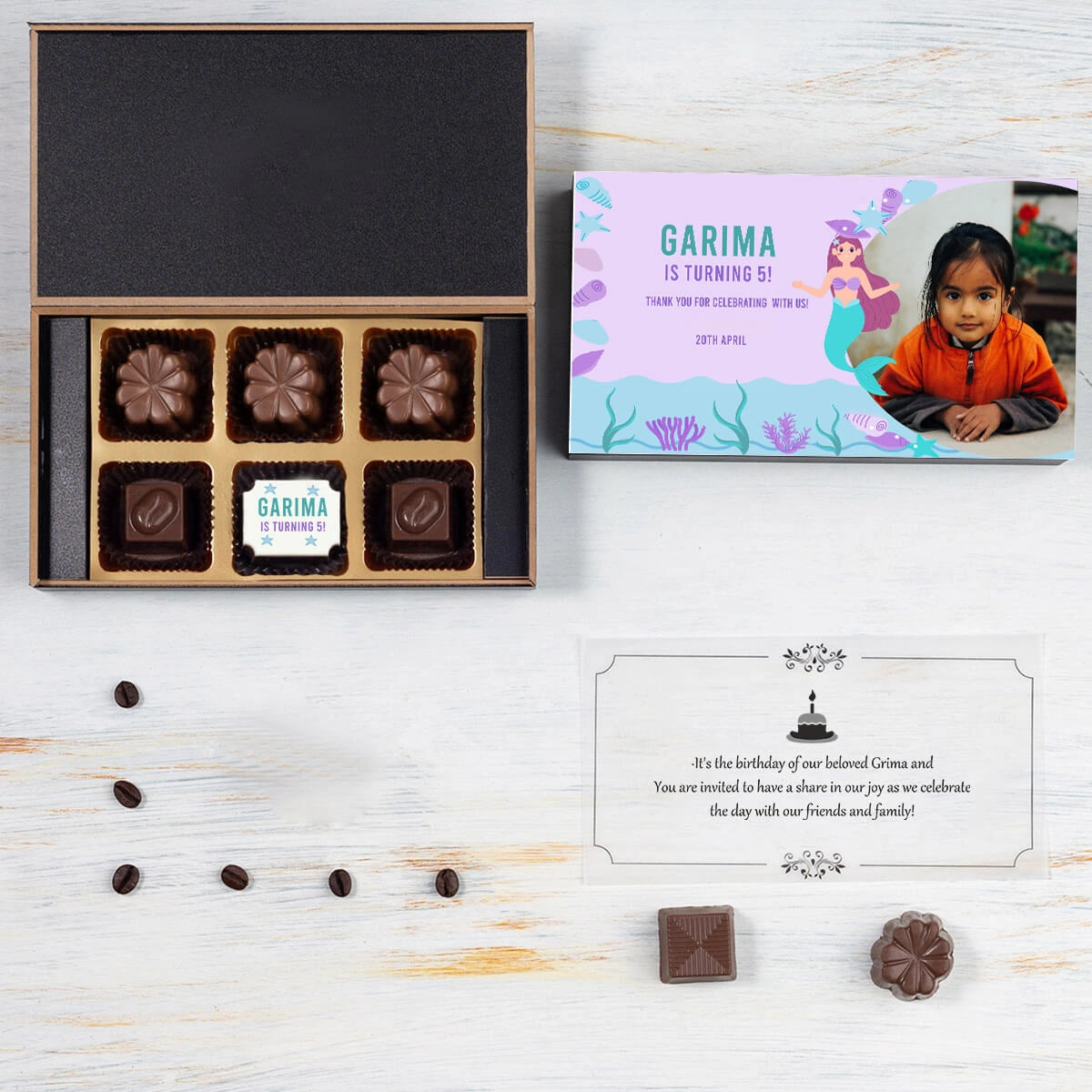 Personalized chocolate box featuring printable birthday invitation sample