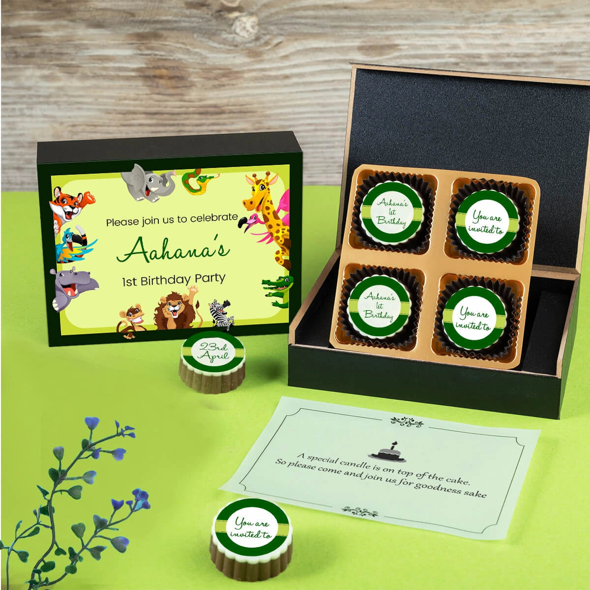 Design screen for personalized first birthday invitations chocolate print