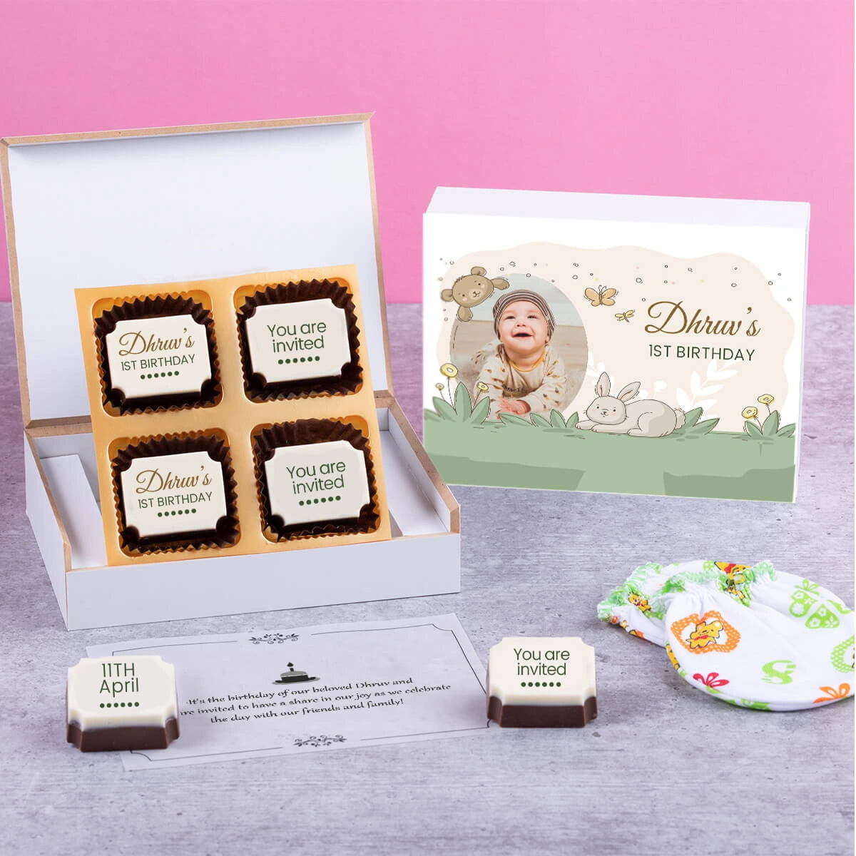 Interior view of personalized first birthday invitations with chocolates