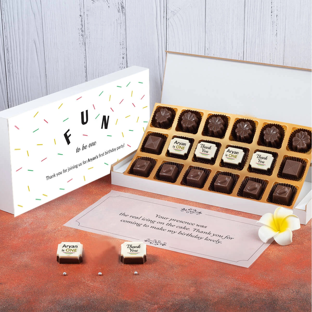 1st Birthday Return Gifts 18 Chocolate Box Middle Four Printed Chocolates (Sample)