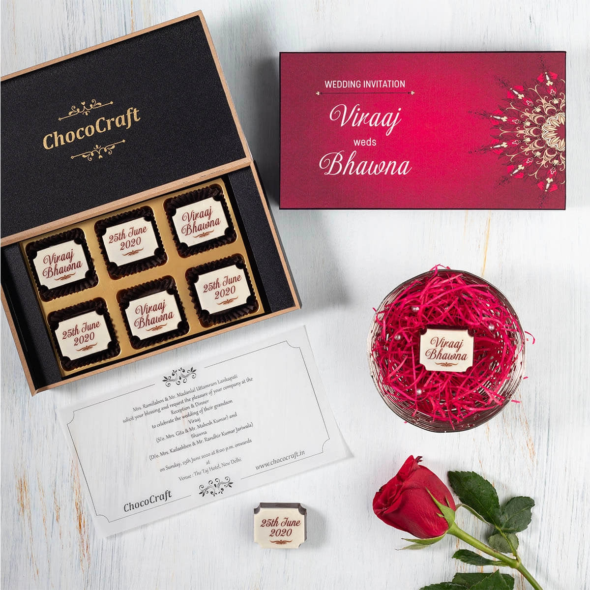 Inside view of custom chocolate box – personalized wedding invitation cards