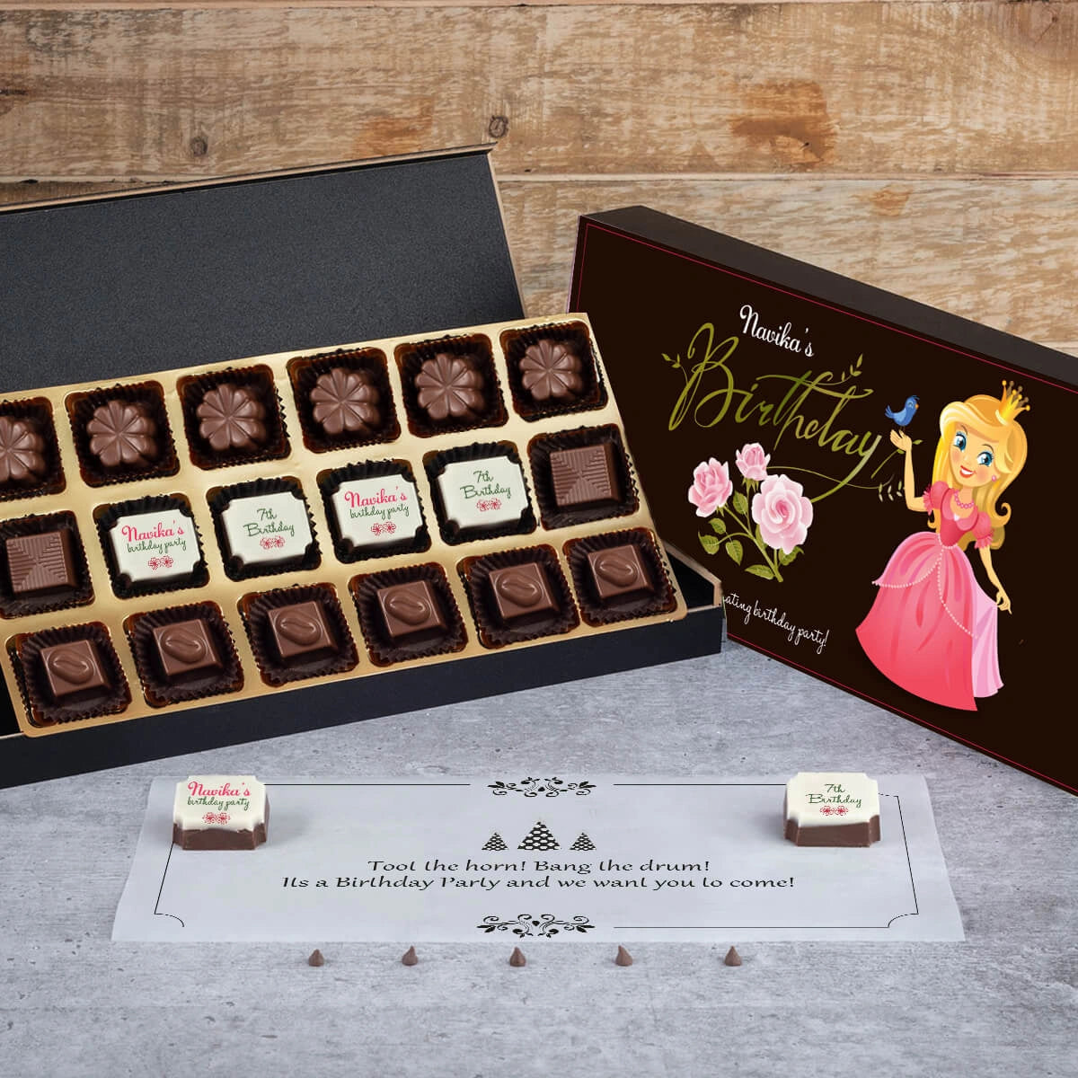 Top view of customized chocolate box with photo birthday party invitation