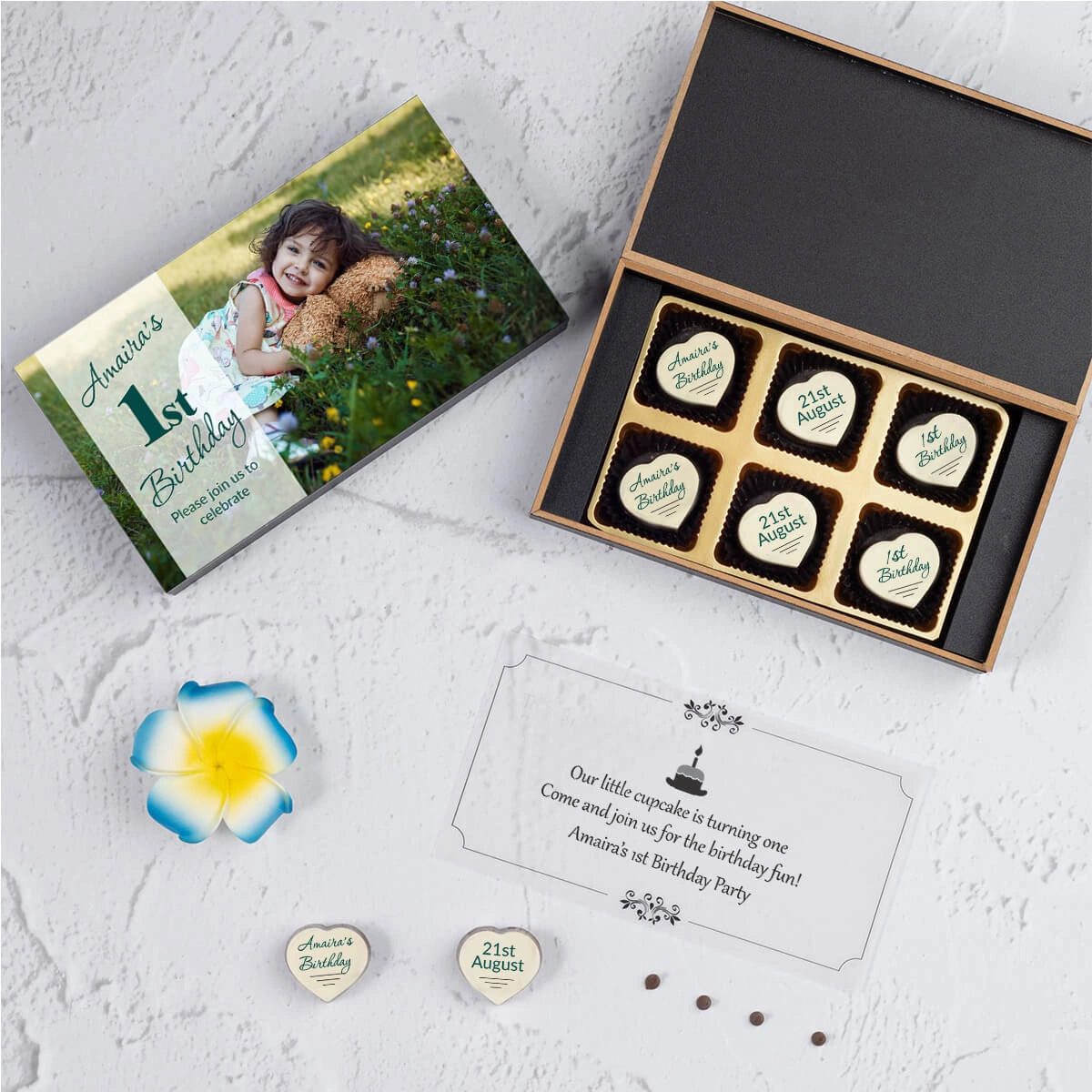 Close-up of photo printed on chocolate for photo 1st birthday invitations