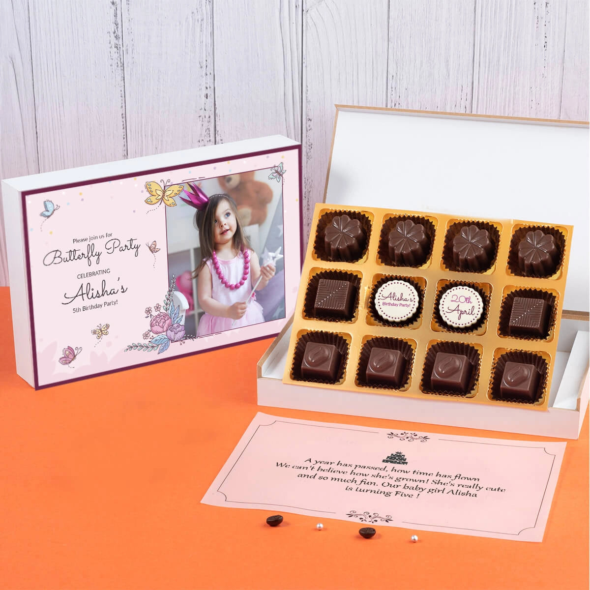 12 chocolate box designed as birthday invitation card with photo