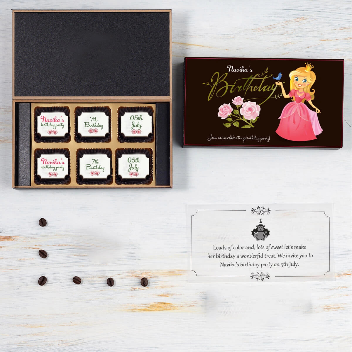 Front view of 6 chocolate box with photo birthday invitations printed on chocolates