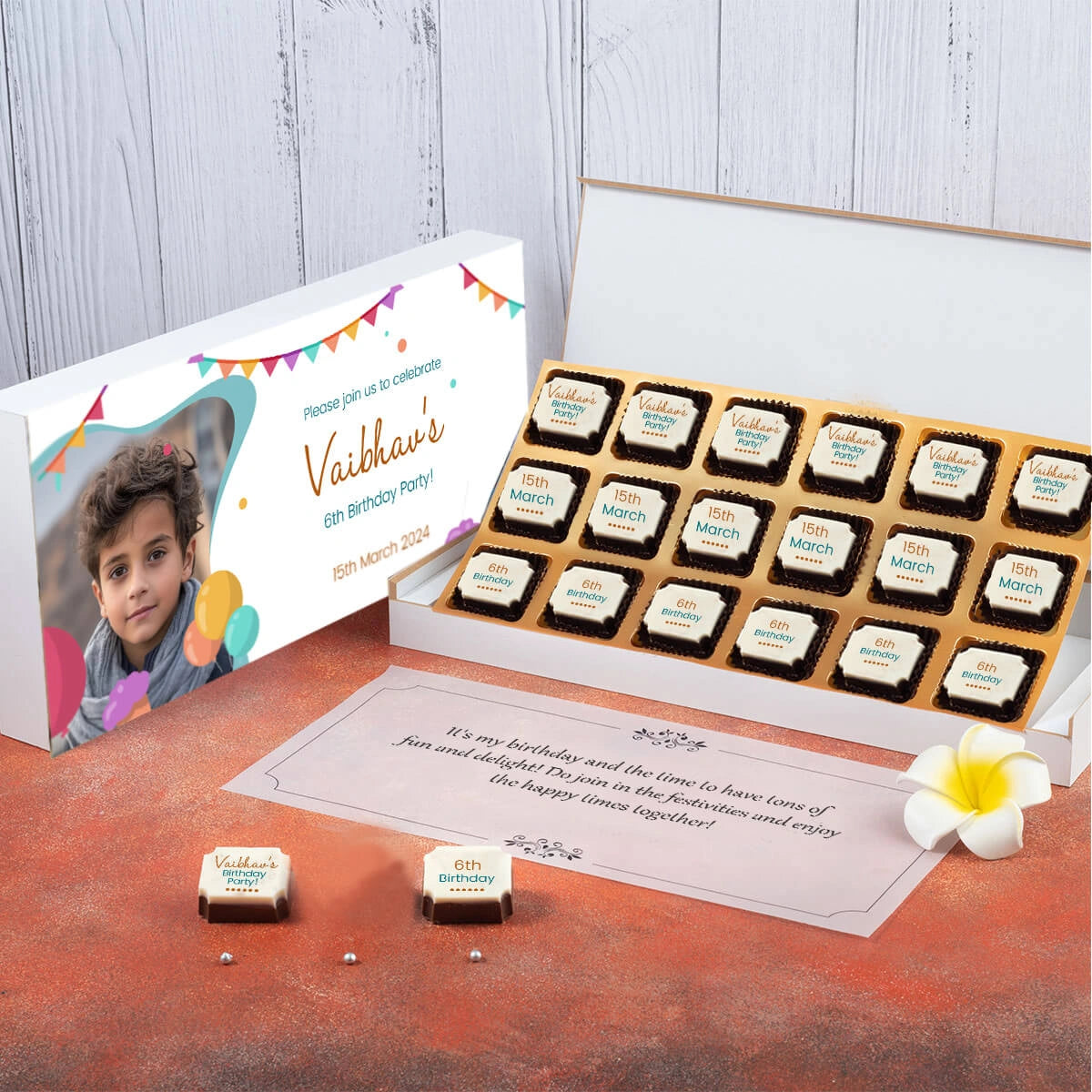 Premium printed chocolate box used as a luxury birthday invitation