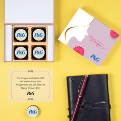 Premium black wooden box with message card and logo chocolates for Women’s Day gifts