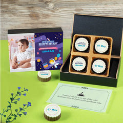 Custom printed chocolates inside box for surprise birthday party invitations