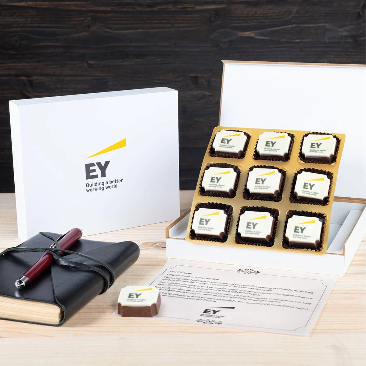 9 logo printed chocolates in a wooden gift box for employees