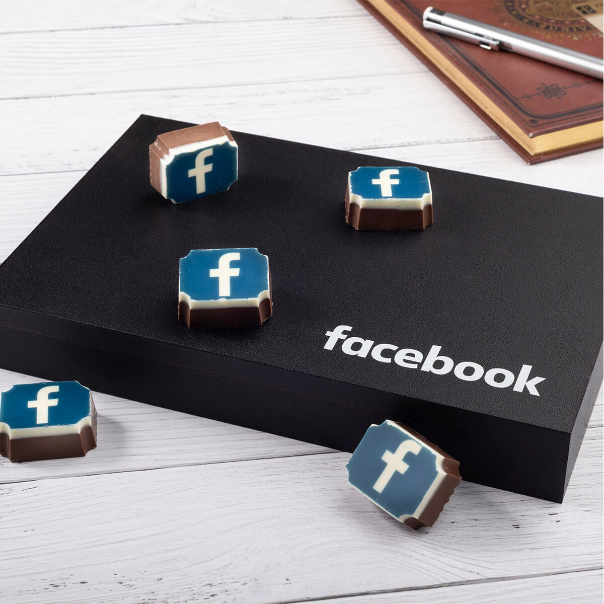 12 logo-printed chocolates in wooden box for corporate gifting