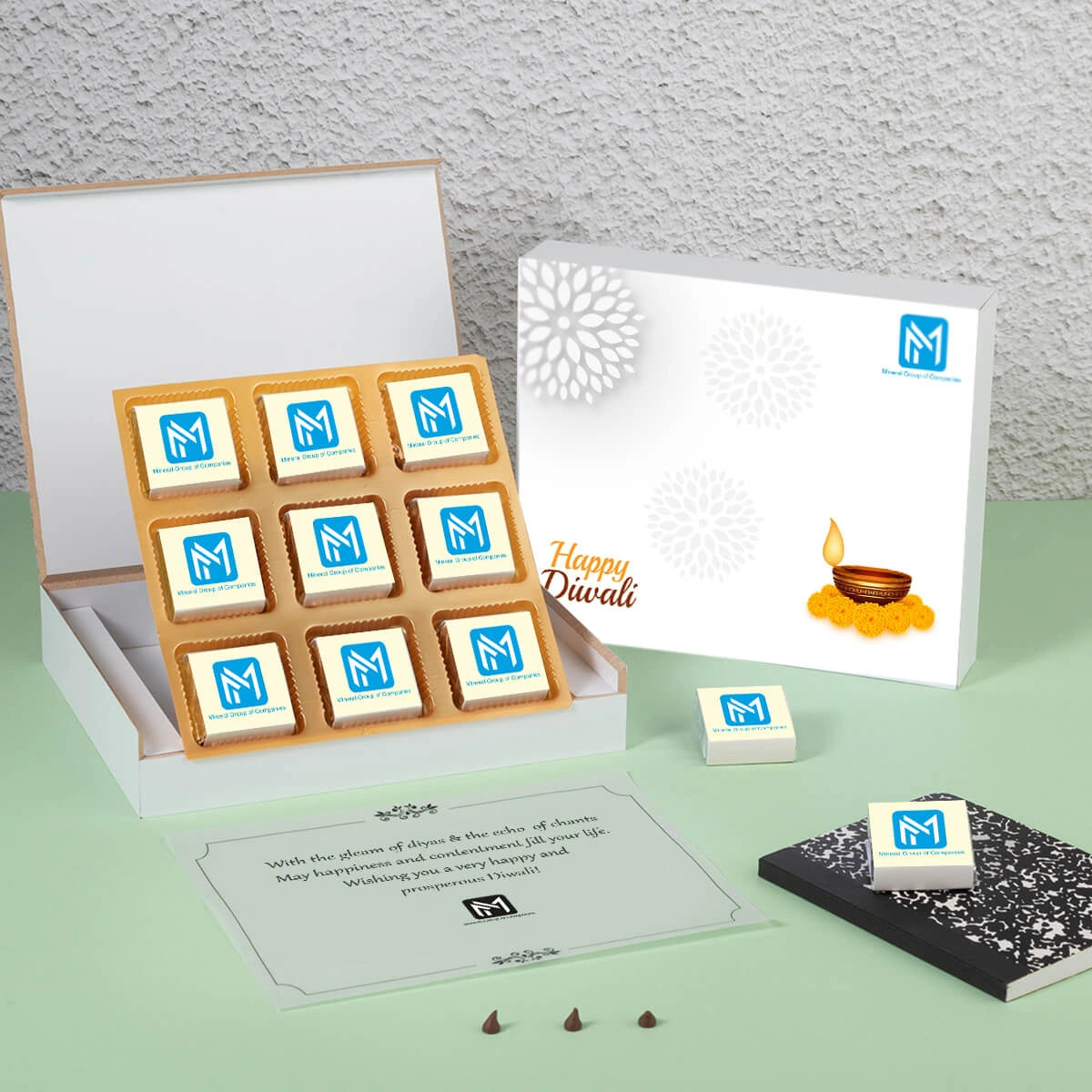 Professional Diwali gift box with logo-wrapped chocolates