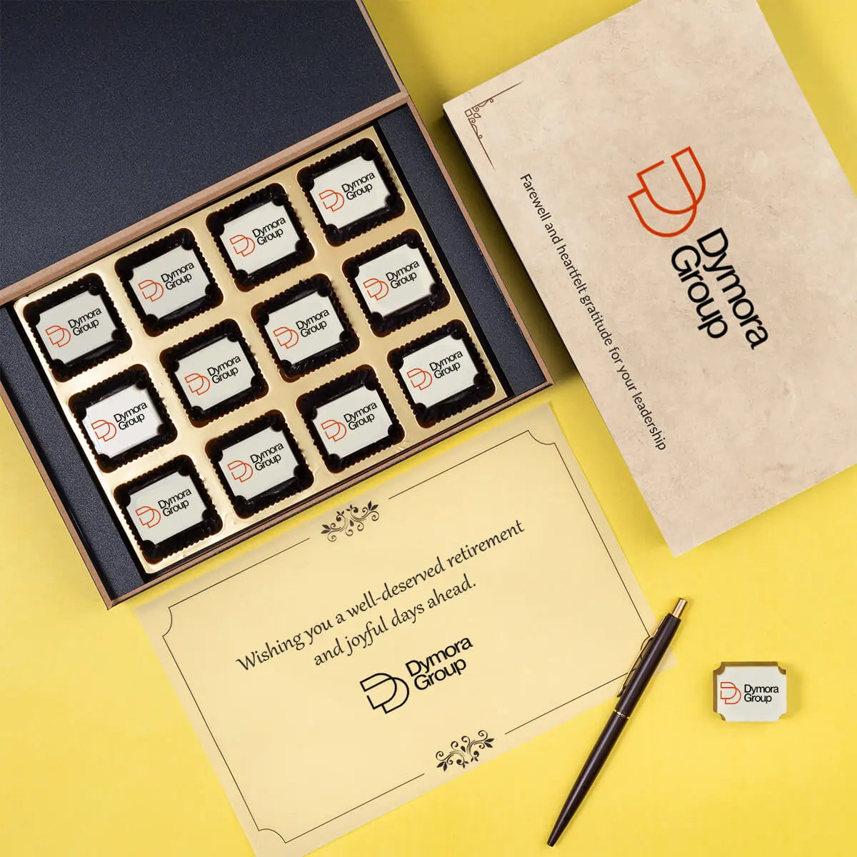 Open ChocoCraft retirement gift box with assorted chocolates