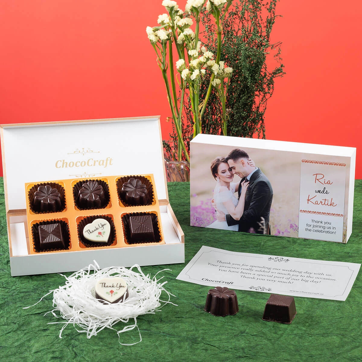 Personalised return gift box for wedding with custom chocolate
