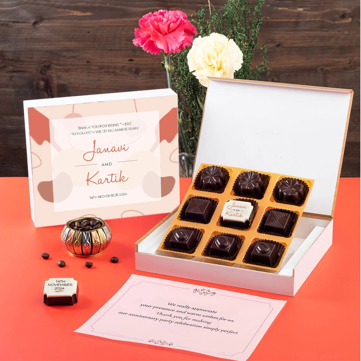 Return gift ideas for anniversary – 9 chocolate box with one printed chocolate