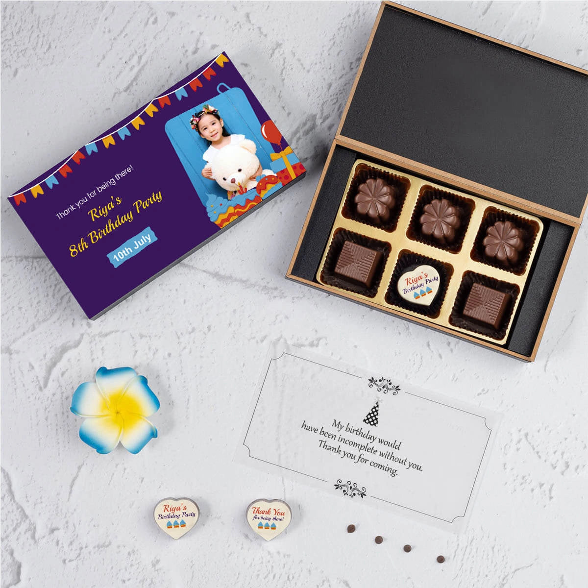 Sample birthday return gift – 6 piece chocolate box with personalized print