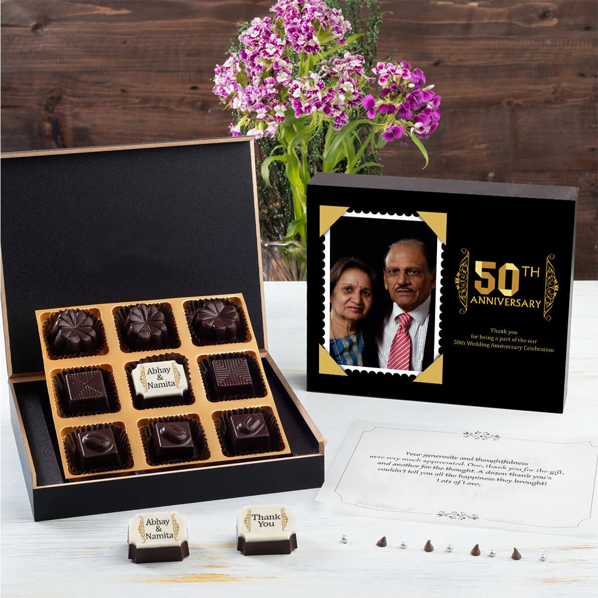 Single printed chocolate in a 9-piece box – unique return gift for anniversary