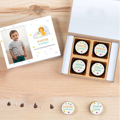Front view of 4 chocolate box used for surprise birthday party invitations