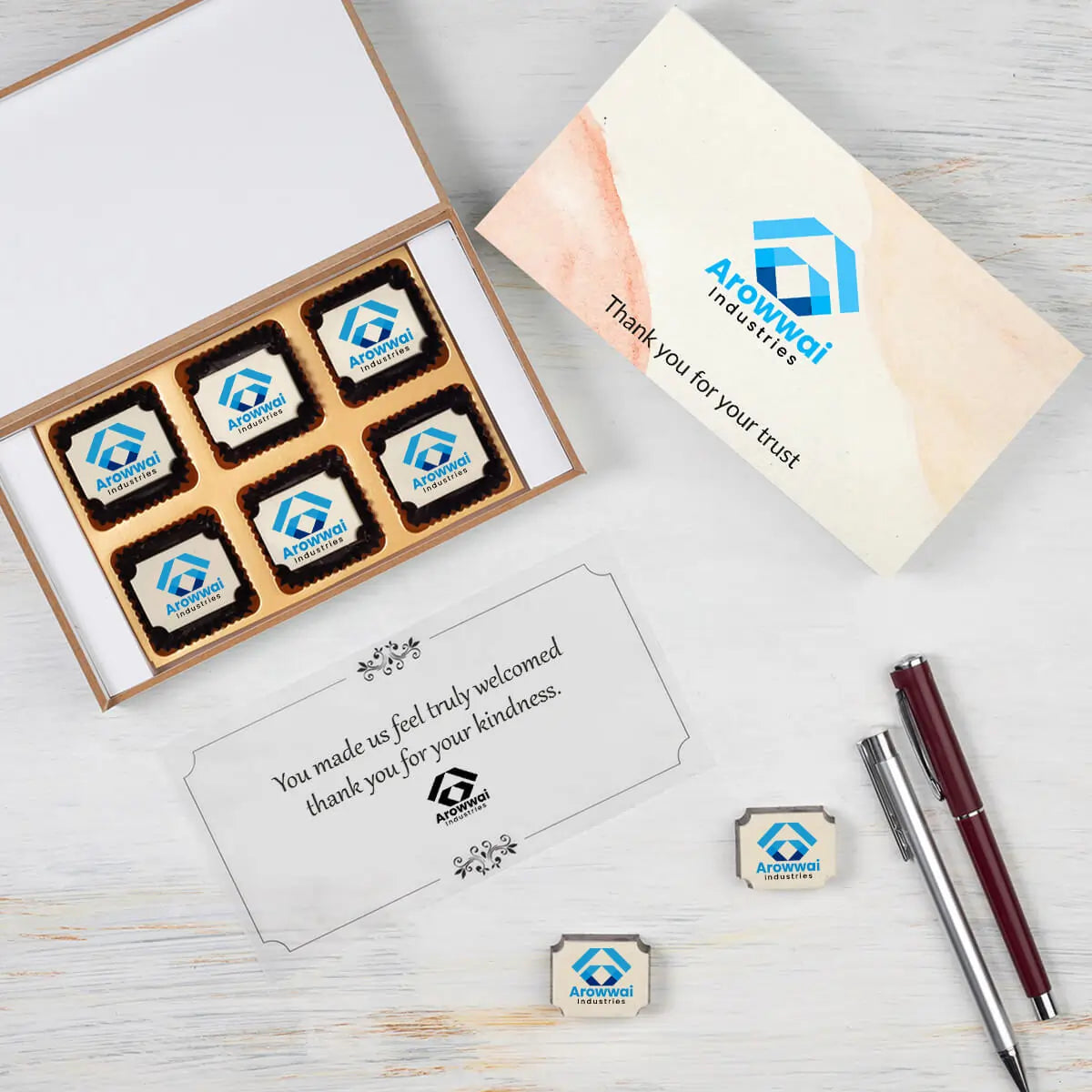White wooden gift box variant with printed chocolates – meeting thank you