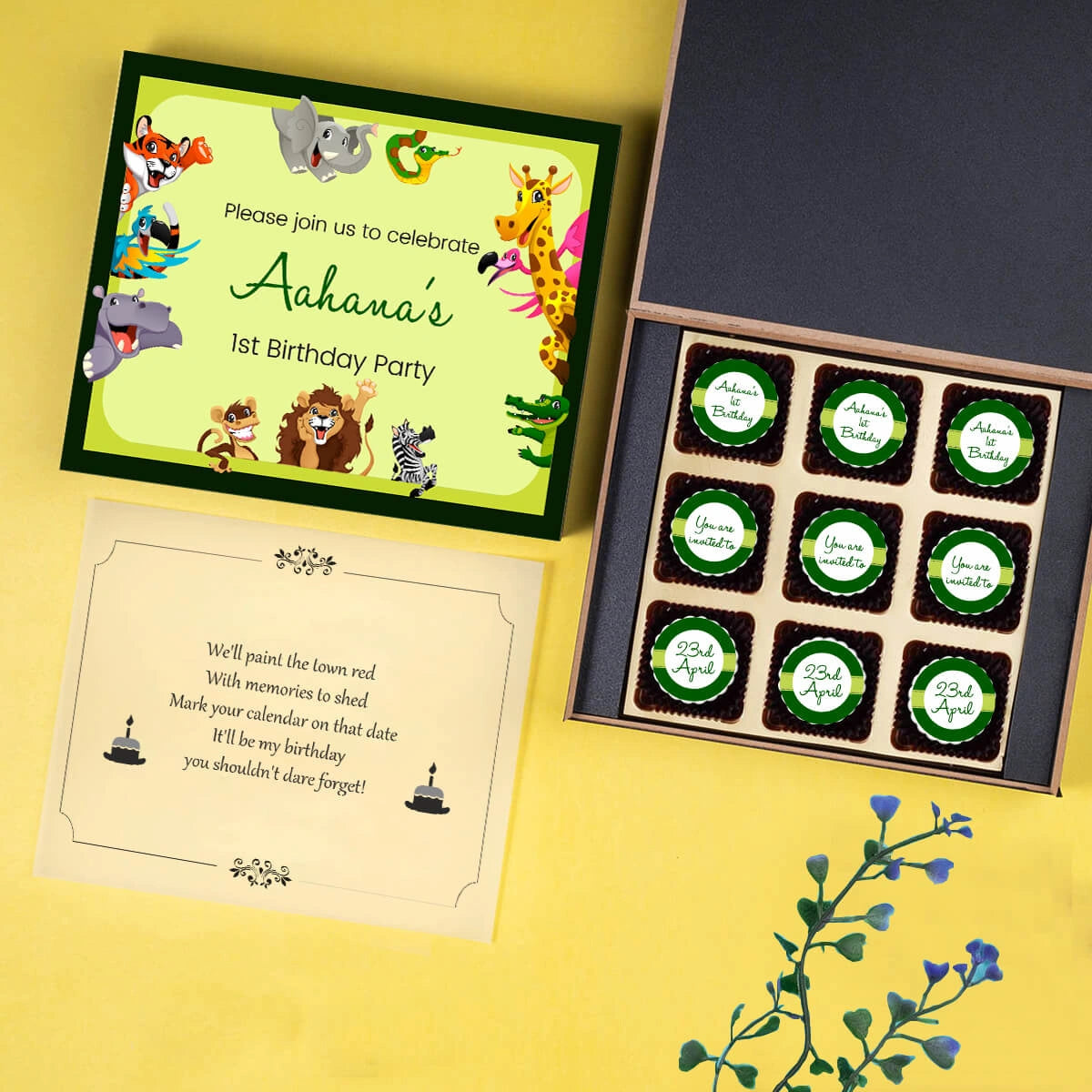 Close-up printed chocolates for unique 1st birthday invitations