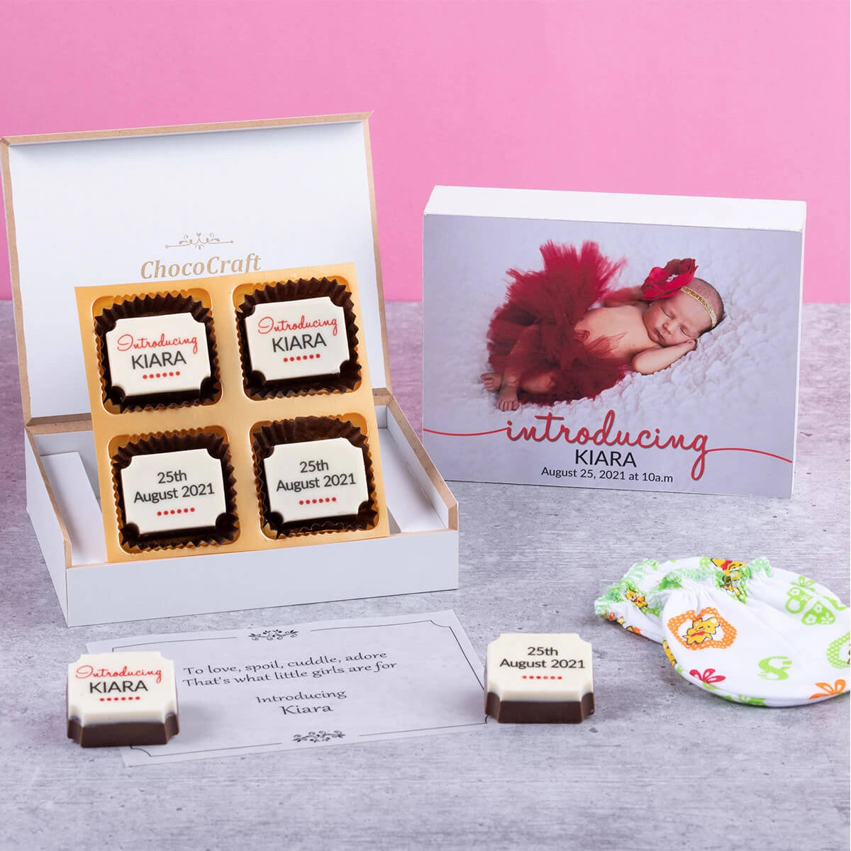 Close-up of all printed chocolates – custom gift for birth announcement