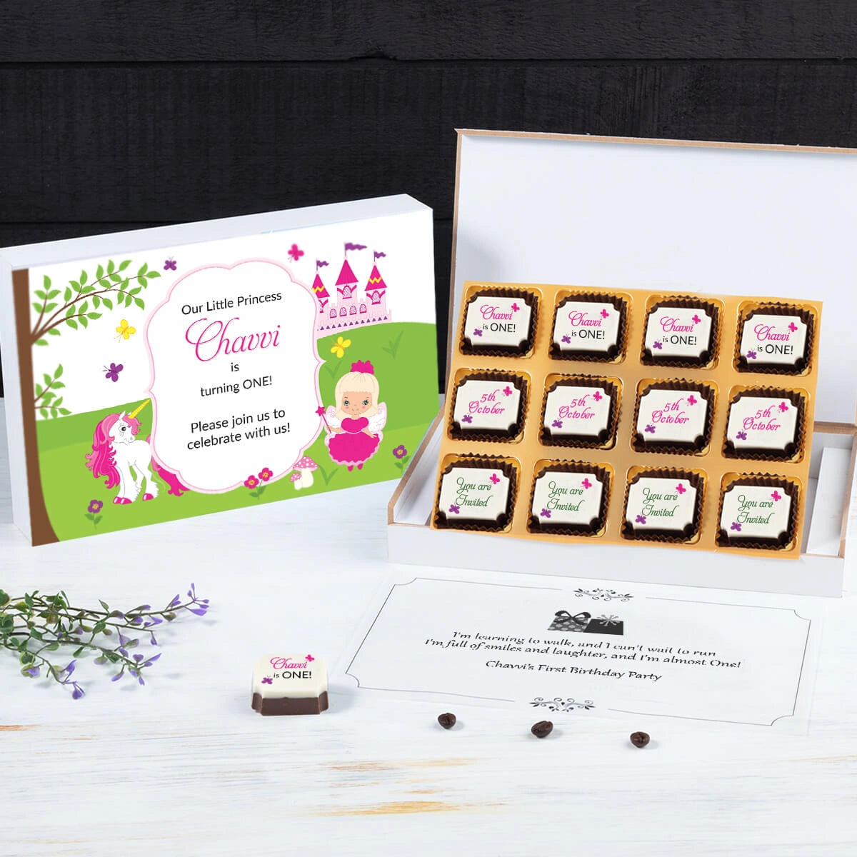 Close-up chocolate print for unique first birthday invitation card