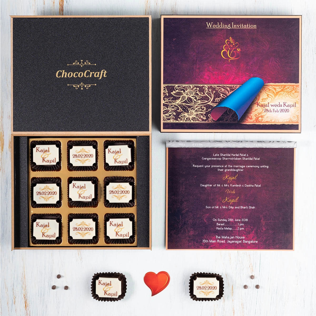 Open chocolate box with printed chocolates – unique marriage invitation card idea