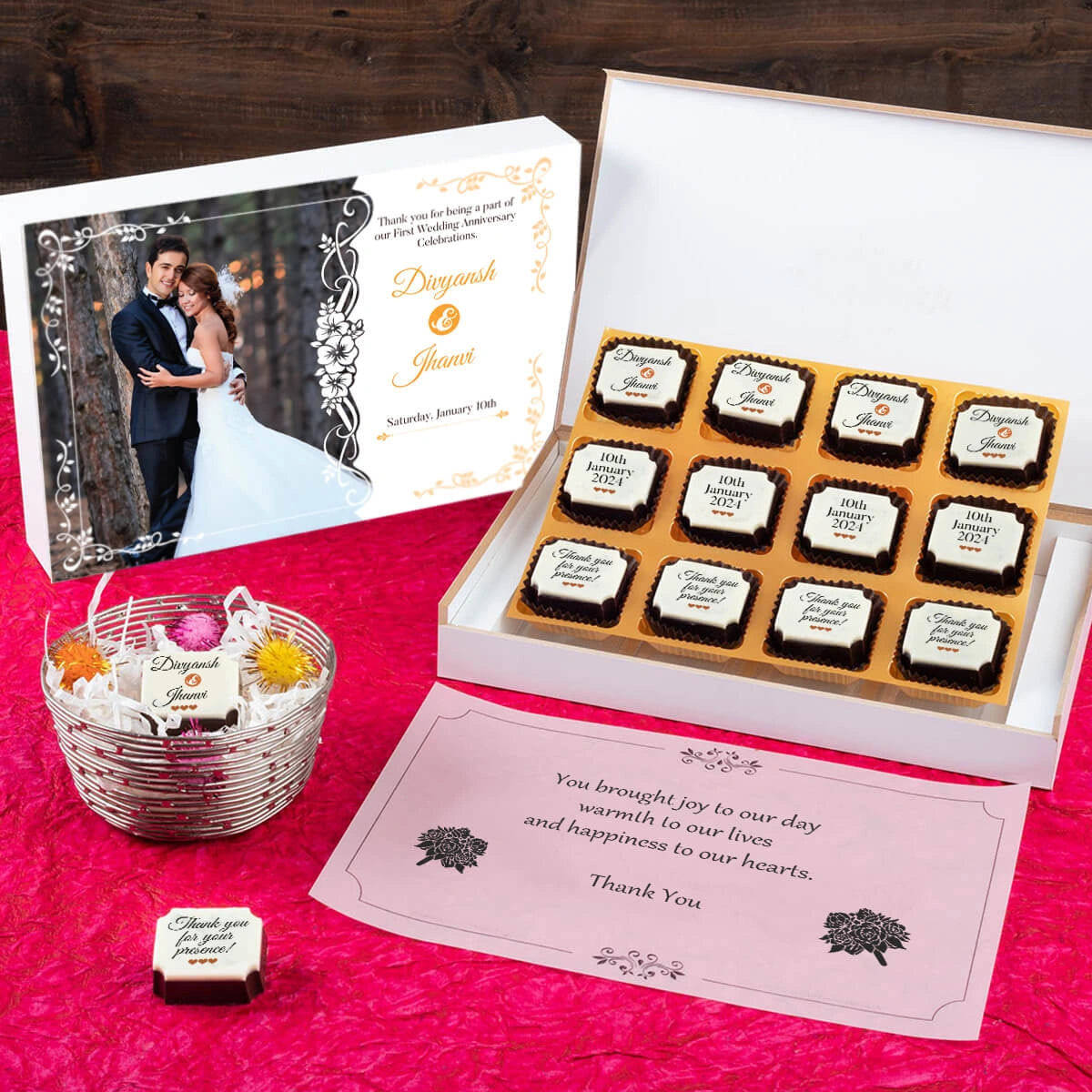 Wedding anniversary party return gift – custom printed chocolate box