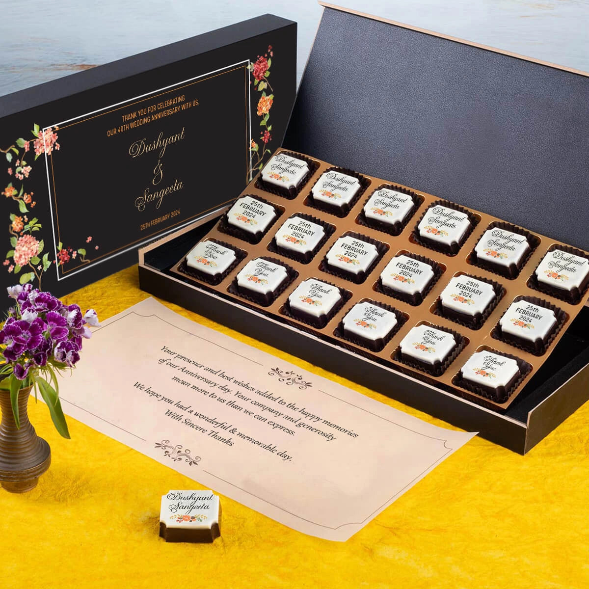 Wedding anniversary sample gift box with 18 printed chocolates