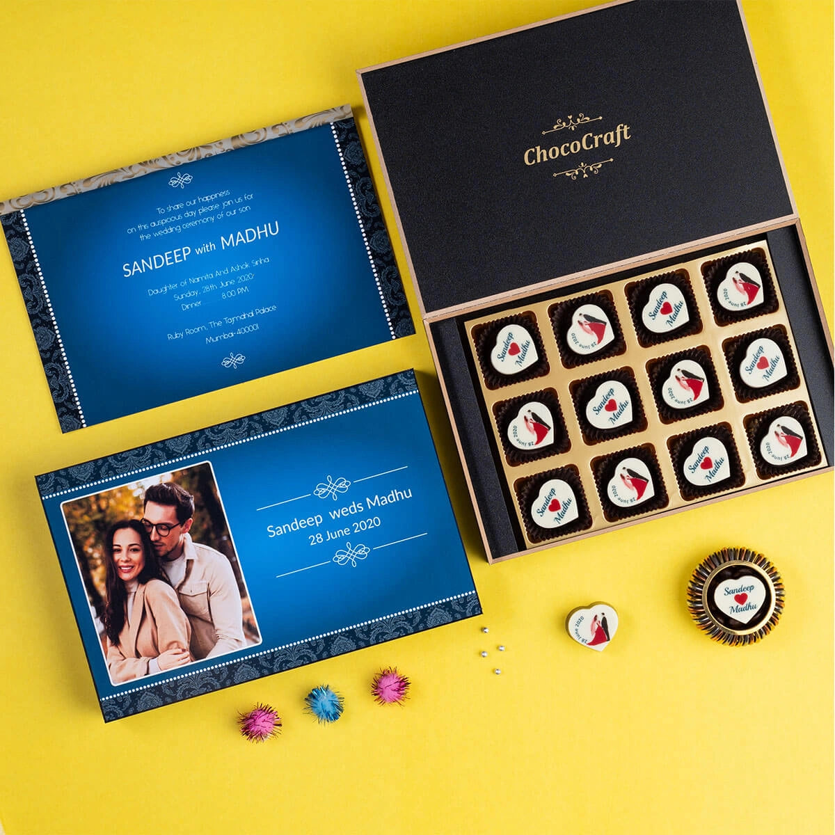 Front view of 12 chocolate wedding box invitation – perfect for bulk orders