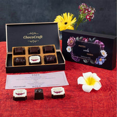 Front view of 6 chocolate box wedding ceremony invitation sample